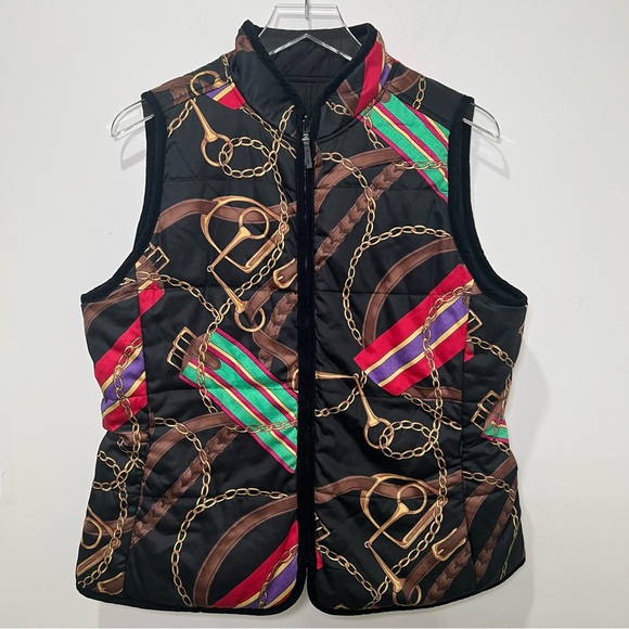 Ralph Lauren Crest-Patch Diamond-Quilted Vest Black Reversible Equestrian Sz L - Picture 2 of 10